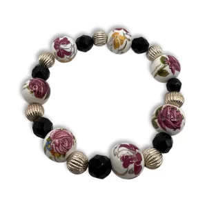 Flower beaded bracelet with silver corrugated round beads