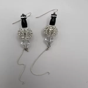 Rhinestone crystal ball earrings with chain and jet barrel beads